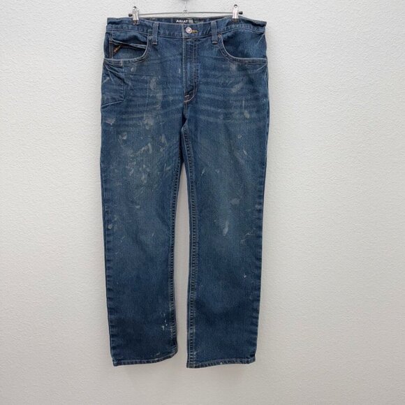 Ariat Rebar M4 Relaxed Bootcut Distressed Denim Blue Jeans Pants Mens size 38x34 - Picture 1 of 8